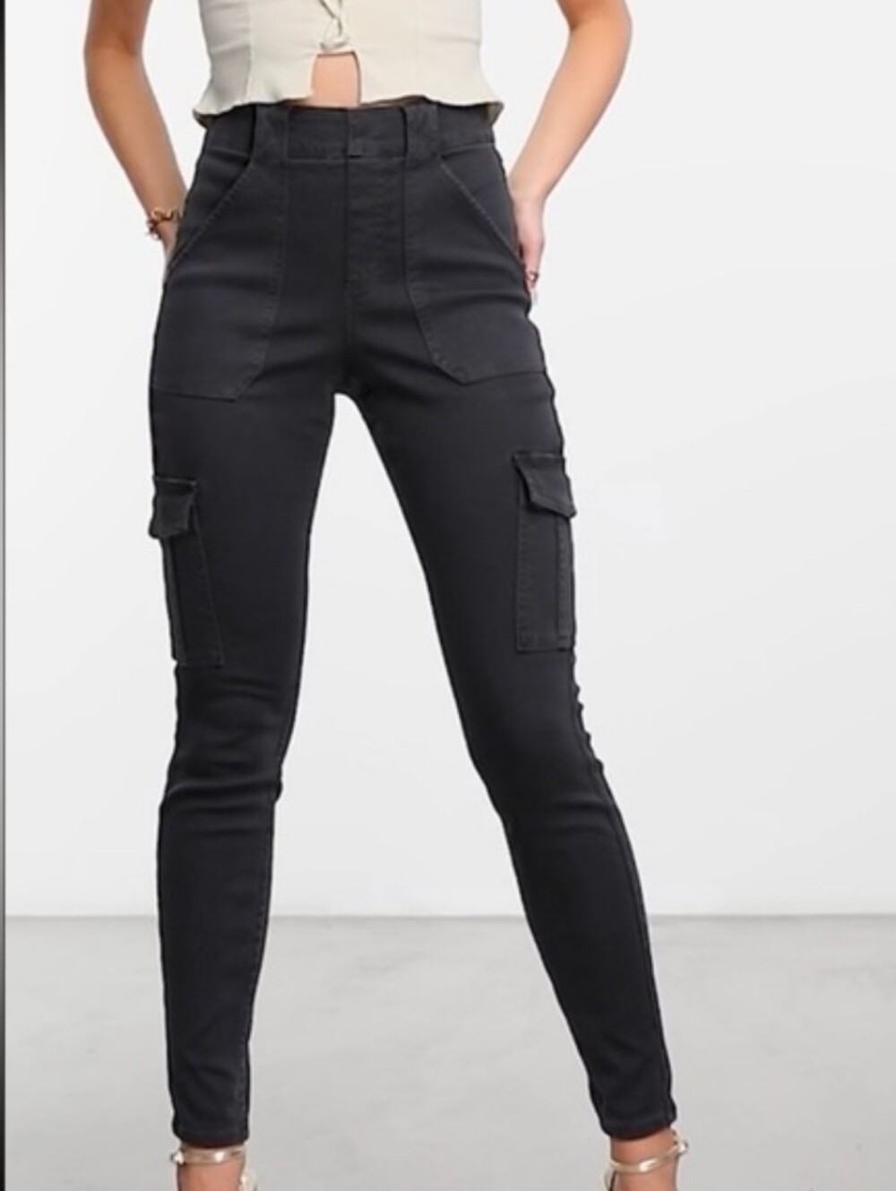 Spanx Washed Black Stretch Twill Cargo Ankle Pants